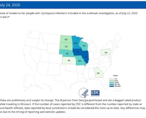 Cyclospora Lawyer - CDC 7:24 map of bagged salad outbreak-2