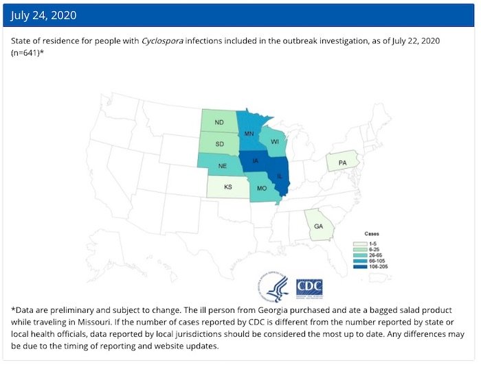 Cyclospora Lawyer - CDC 7:24 map of bagged salad outbreak-2