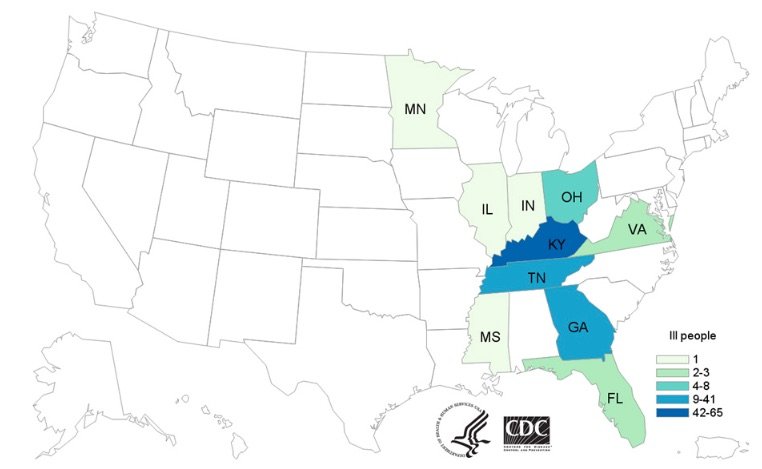 CDC Map of Ground Beef E. coli Outbreak 4/23/19