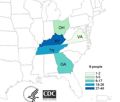 CDC map of 5-state E. coli ouutbreak on 4/9/19
