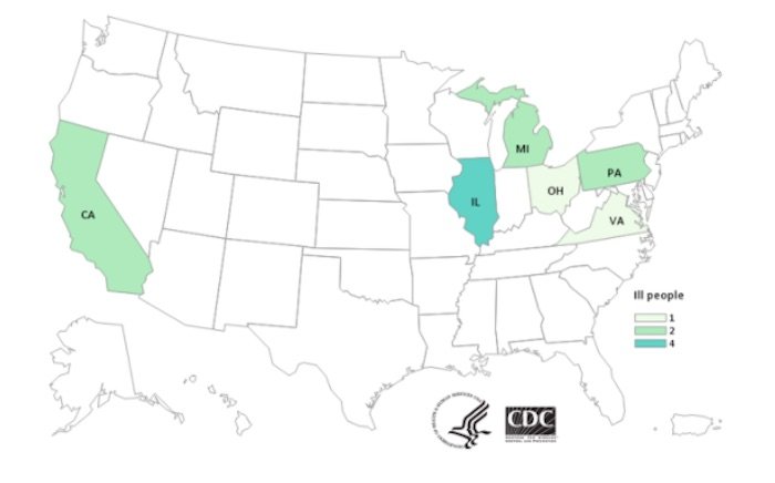 E. coli lawyer - CDC Map of E. coli Outbreak Unknown Source 3, romaine suspected